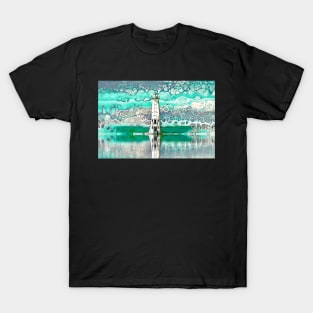 "Frankfort Lighthouse Reflections - Teal" - Fluid Art T-Shirt